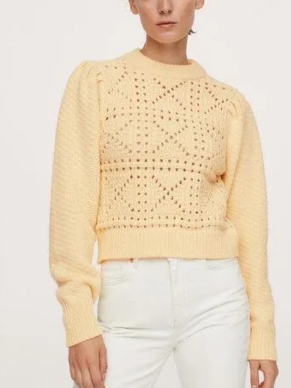 Mango Pale Yellow Openwork Pointelle Knit Sweater Mock Neck Size XS